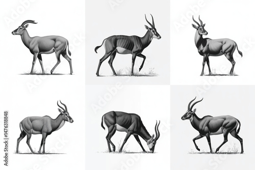 Monochrome Depiction of Sable Antelopes in Various Poses on White Background, Illustration Style.