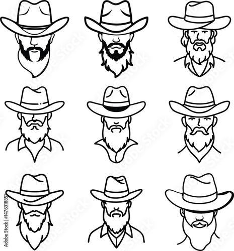 Cowboy Beard Avatars Line Art. Western Male Hat Icon Vector Faces