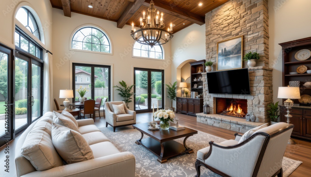 Fototapeta premium Elegant Living Room with Cozy Fireplace and Vaulted Ceiling in Modern Home Design
