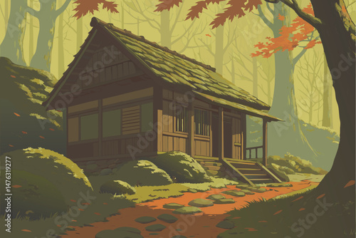 37 detailed wooden hut surrounded by moss and fallen autumn leaves, in a dense forest with warm, glowing lighting, highly detailed, realistic, cinematic, award winning photography