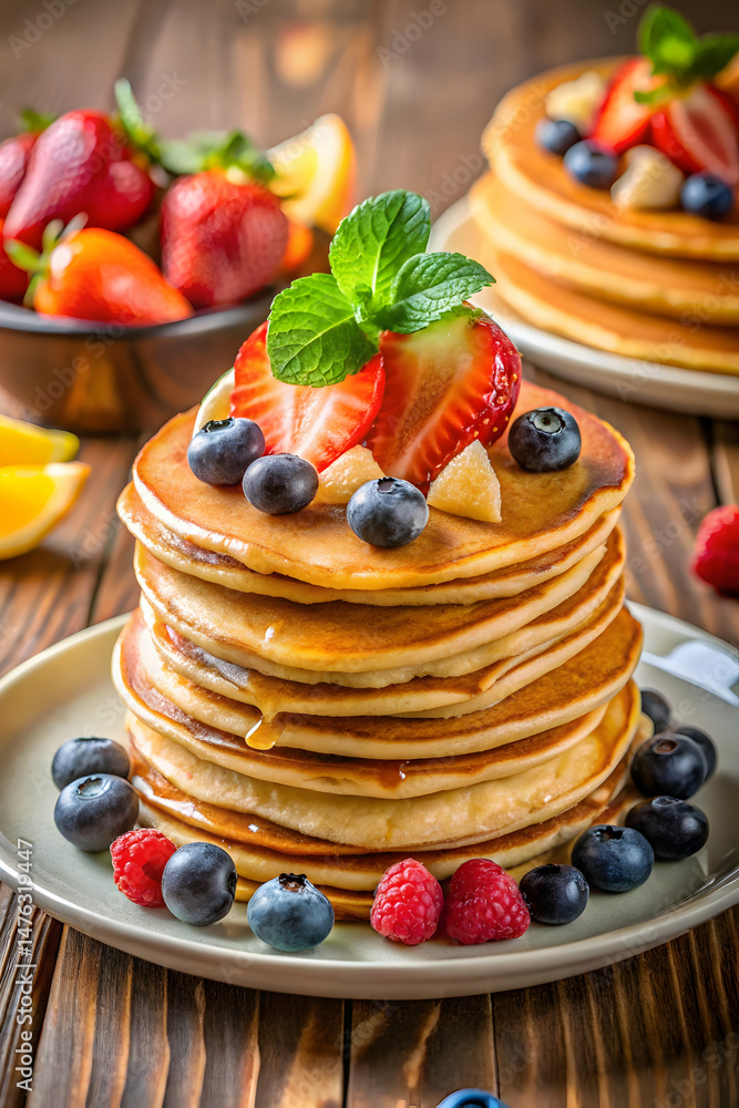 Delicious pancake stack with fresh fruits Delicious pancake stack with fresh fruits