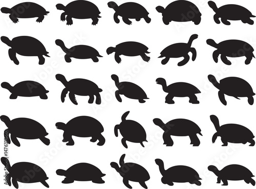 Turtle Silhouette Collection in Diverse Poses for Marine Life Designs, Educational Projects, Eco-Themed Crafts, Logos, Stickers, Wall Art, Conservation Campaigns,