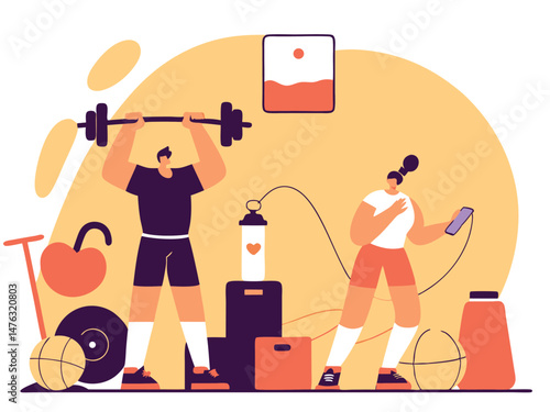 a digital illustration of people working out in a home gym, colorful abstract background, geometric shapes, bold colors, minimal style, digital art
