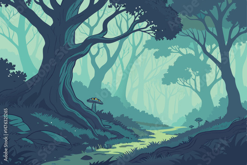 38 dark mysterious enchanted forest, tall trees with lush foliage, ethereal mist and fog, atmospheric lighting, vibrant colors, detailed landscape, cinematic composition, digital art