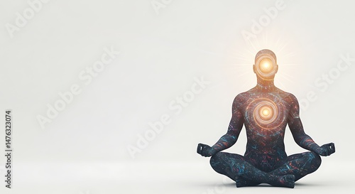hyper realistic digital art, sitting meditating figure with spiral waveforms converging into third eye, on right side under morning radiance, ample copy space on left