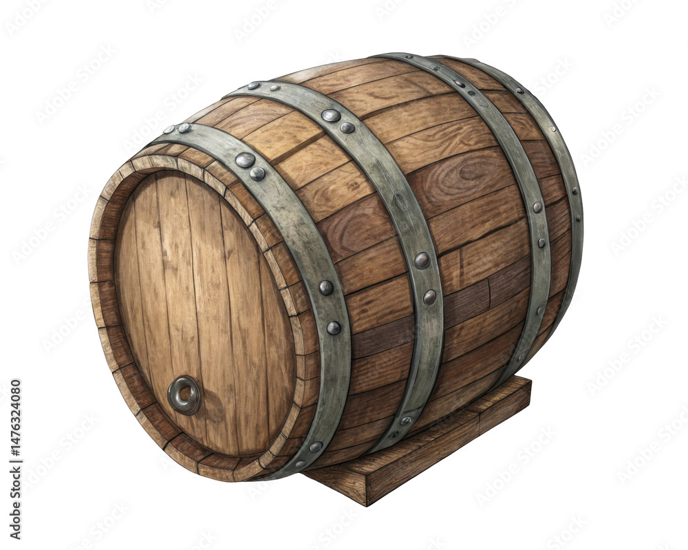 Fototapeta premium Vintage Wooden Barrel with Metal Bands on Stand for Rustic Interior Decoration