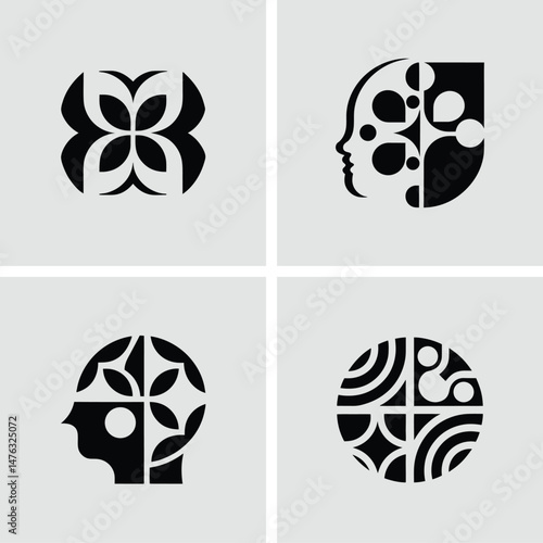Abstract geometric logos representing concepts of nature and thought in black and white