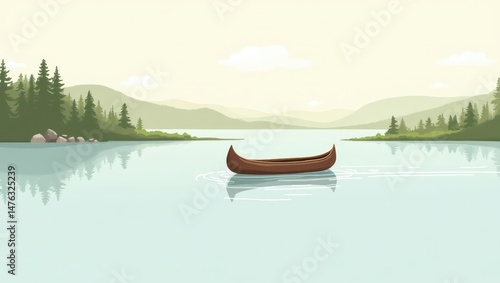 Serene Canoe on Calm Lake Surrounded by Majestic Mountains and Lush Green Forest