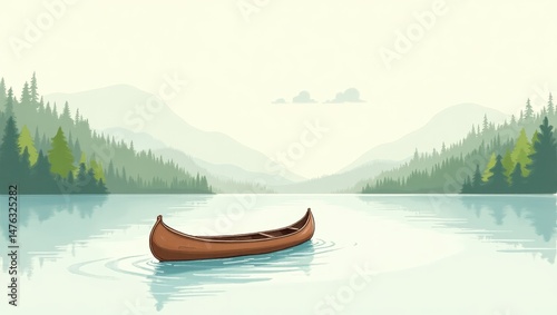 Serene Canoe on Calm Lake Surrounded by Majestic Mountains and Lush Green Forest