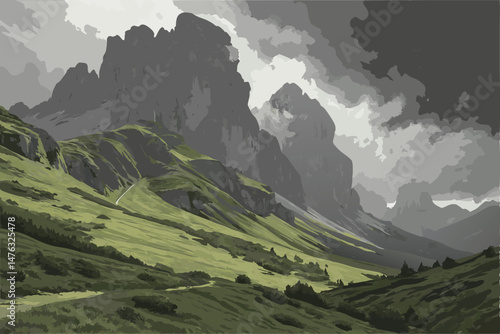 40 dramatic landscape, vast mountainous terrain with towering peaks, turbulent stormy atmosphere, swirling mist and fog, lush green grass and vegetation, dynamic lighting and mood, cinematic, highly d
