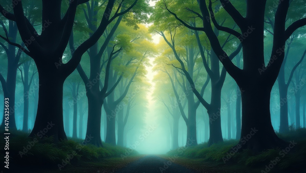 Enchanting Misty Forest Path Serene Nature Scene with Tall Trees and Fog Enchanting Misty Forest Path Serene Nature Scene with Tall Trees and Fog