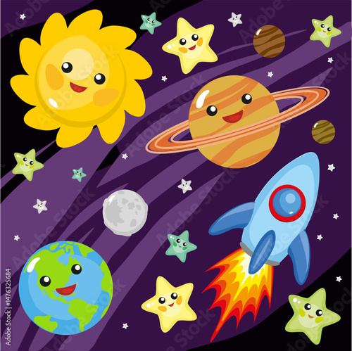 Cute Cartoon Space with Planets, Stars, Rocket and Sun – Vector Illustration for Kids. Funny space-themed vector illustration with smiling planets, stars, rocket, the Earth, Saturn, Moon, and Sun.