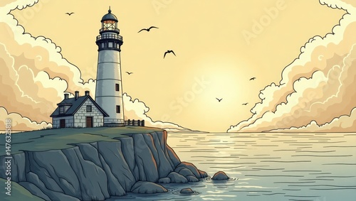 Serene Sunset Coastal Lighthouse Scene Dramatic Cliffside Seascape Illustration