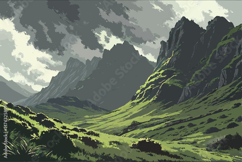 40 dramatic landscape, vast mountainous terrain with towering peaks, turbulent stormy atmosphere, swirling mist and fog, lush green grass and vegetation, dynamic lighting and mood, cinematic, highly d