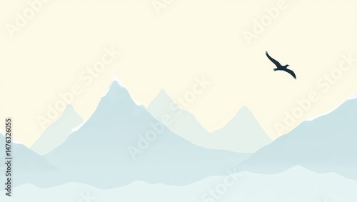 Serene Mountain Landscape with Single Bird in Flight Minimalist Nature Scene