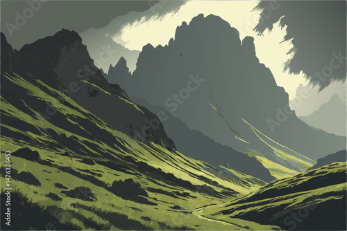40 dramatic landscape, vast mountainous terrain with towering peaks, turbulent stormy atmosphere, swirling mist and fog, lush green grass and vegetation, dynamic lighting and mood, cinematic, highly d