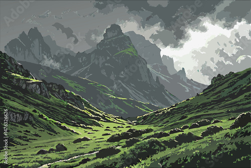 40 dramatic landscape, vast mountainous terrain with towering peaks, turbulent stormy atmosphere, swirling mist and fog, lush green grass and vegetation, dynamic lighting and mood, cinematic, highly d