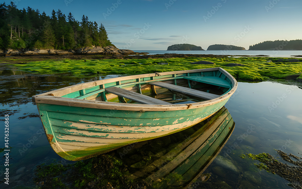 Obraz premium Coastal landscape with moss-covered rocks, clear ocean waves, and distant islands