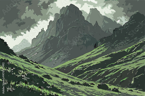 40 dramatic landscape, vast mountainous terrain with towering peaks, turbulent stormy atmosphere, swirling mist and fog, lush green grass and vegetation, dynamic lighting and mood, cinematic, highly d