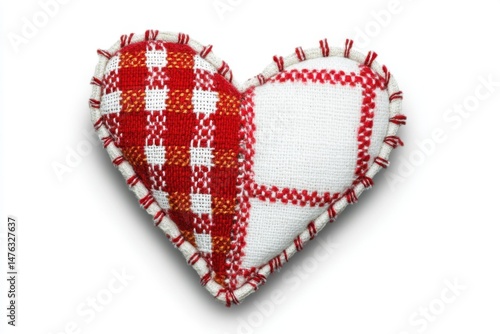 Handcrafted Fabric Heart Close Up on White Background Valentine's Day Gift Romance Love Symbol Decoration Embroidery Craft Sewing
