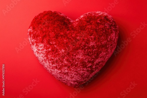 Red Fluffy Heart Still Life on Red Background Symbolizing Love Affection Romance Valentines Day Holiday Celebration Flat Lay Studio Shot