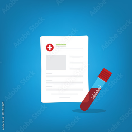 Blood test, analysis. Blood test icon. Medical analysis laboratory test. Medical sample in a plastic box and medical report.