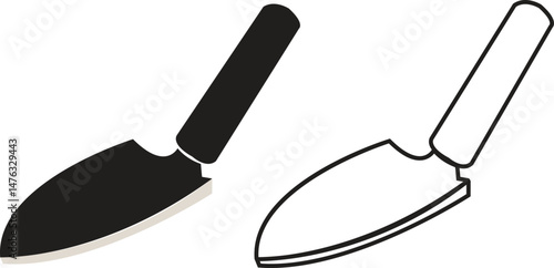 Trowel icons set in black flat and outline designs. Putty knife illustration sign. Spatula symbols or logo. Construction equipment, brick tool and cement silhouette isolated on transparent background.