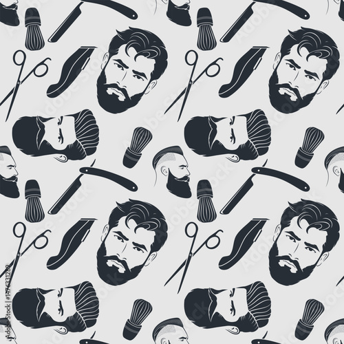 Barbershop seamless pattern with hipster face, hairdressing scissors and razor. Vector illustration