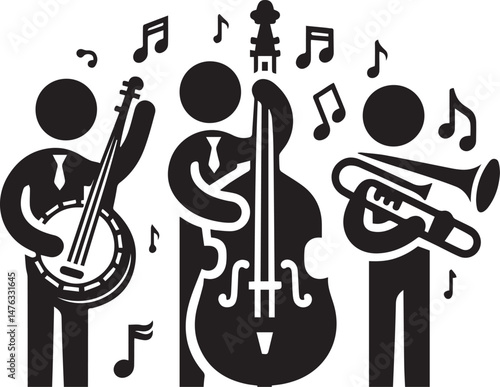 "Black and White Jazz Band Vector Illustration with Musical Instruments"