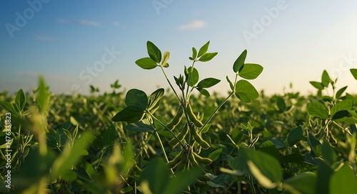 A close-up of green soybean crops swaying in the wind under a blue sky