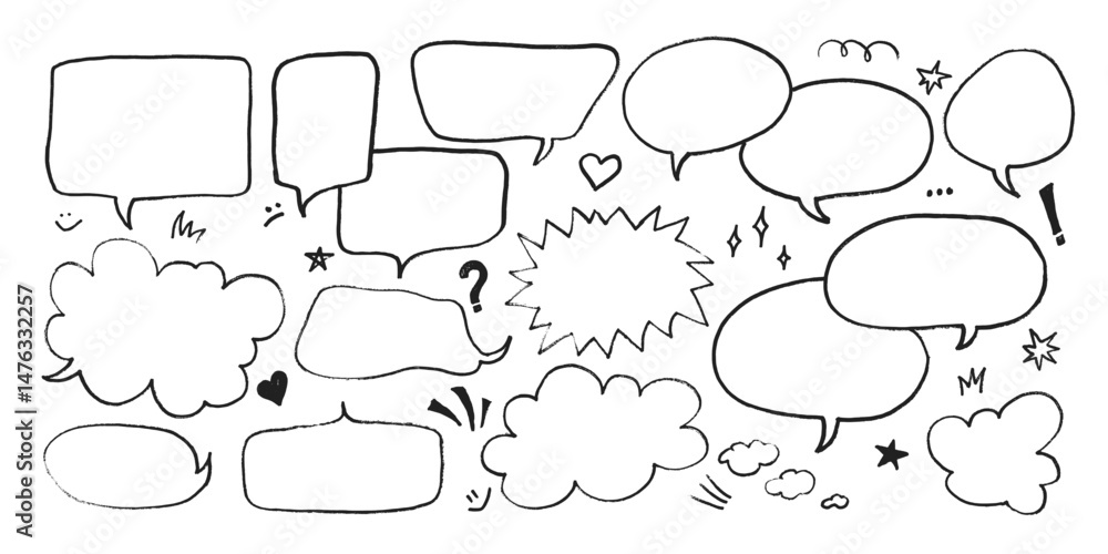 Fototapeta premium Dialogue speech bubbles with pen or crayon chalk doodle emphasis hand drawn style vector illustration set. Chat balloons crayon chalk style various dialogue frames collection hand drawn sketch style.