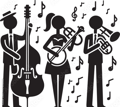 "Black and White Jazz Band Vector Illustration with Musical Instruments"