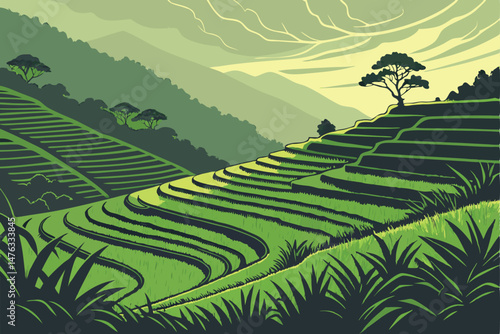 41 lush green terraced rice fields, dramatic moody lighting, striking contrast between light and shadow, dramatic cinematic landscape, vibrant colors, intricate patterns, rolling hills, moody atmosphe