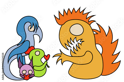 An angry orange monster being stopped by three others holding hearts and preaching peace and love. Concept of aggression and conflict.