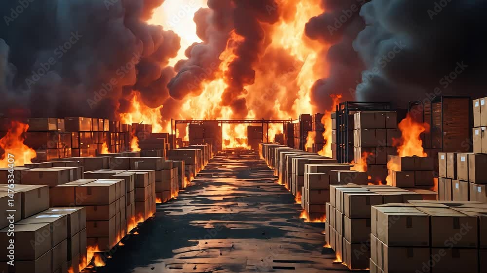 Massive warehouse fire with flames engulfing wooden crates and thick ...