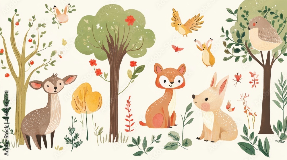 Fototapeta premium Cute woodland animals, birds, trees, and plants illustration.
