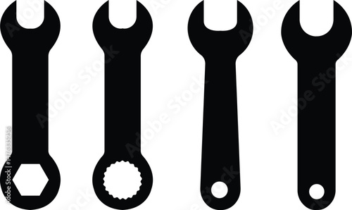 Wrench icons set. Repair flat vectors. Construction hardware industrial silhouette. Mechanic spanner signs collection. Professional maintain tools for ui designs isolated on transparent background.