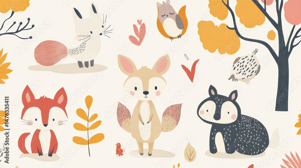 Obraz premium Cute cartoon foxes, owls, hedgehogs and autumn leaves seamless pattern.