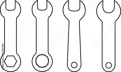 Wrench icons set. Repair outline vectors. Construction hardware industrial silhouette. Mechanic spanner signs collection. Professional maintain tools for ui designs isolated on transparent background.