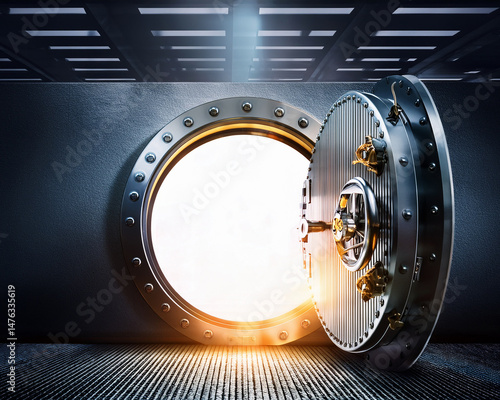 Financial safety and security concept on a dark industrial background with an open bank vault door and a brilliant light inside the metallic interior.