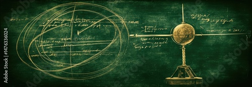 Ancient astronomical diagrams on a dark green chalkboard, showing complex orbital calculations and a globe on a stand