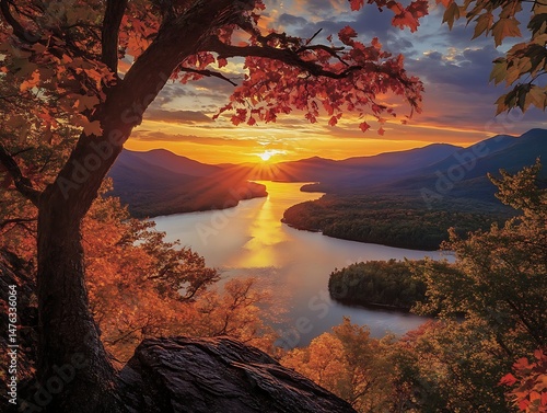 Sunset over the Adirondack Mountains overlooking Lake George in New York with autumn foliage and a river flowing through it The photograph captures the breathtaking landscape