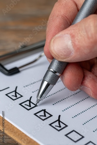 Completing tasks by ticking off items on a checklist with a pen on a wooden table in a well-lit workspace. National Financial Freedom Day