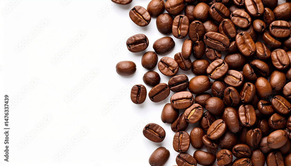 Obraz premium Roasted coffee beans piled up on white background creating a delightful aromatic scene
