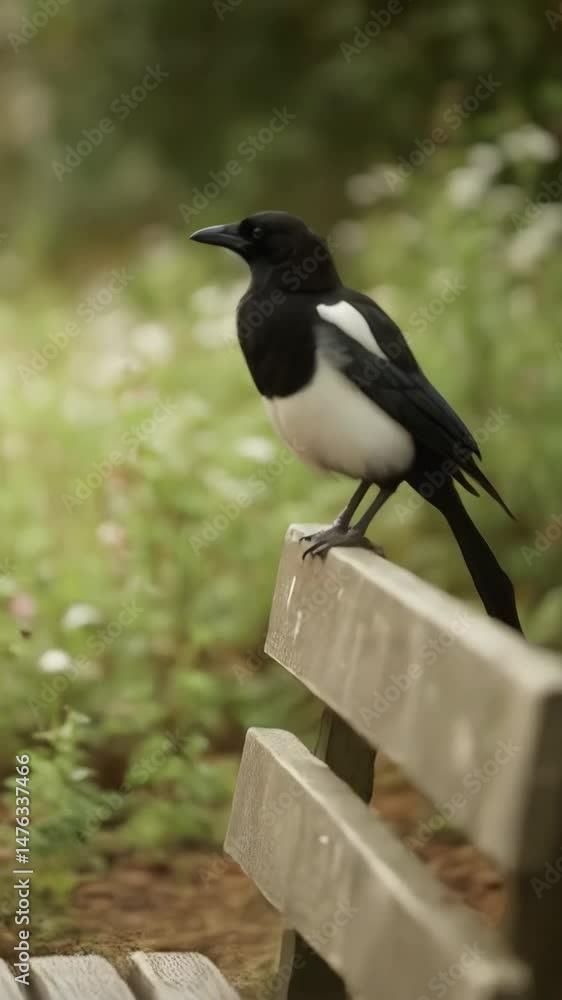 Magpie perched on wooden bench in soft diffused light, facing left, showing black and white plumage against green leafy bokeh background. Magpie perched on wooden bench in soft diffused light, facing left, showing black and white plumage against green leafy bokeh background.