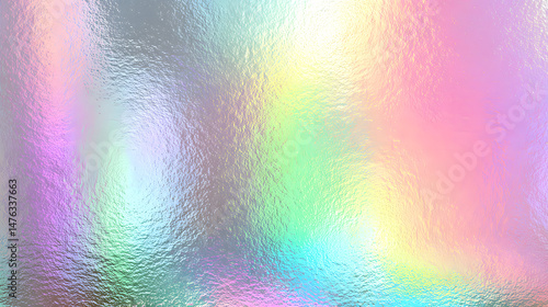 Iridescent holographic rainbow foil background with pastel pearlescent gradient and speckled metal texture vector