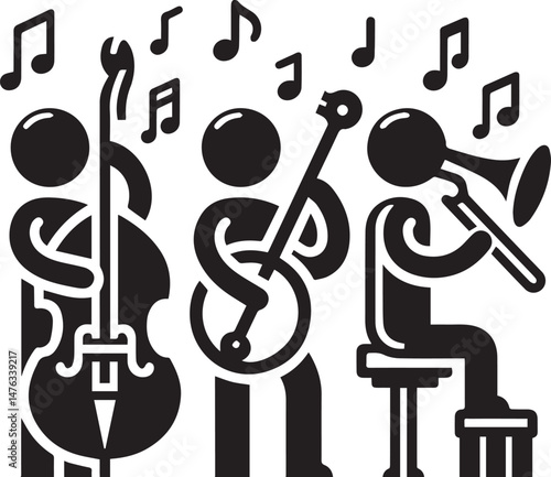 "Black and White Jazz Band Vector Illustration with Musical Instruments"