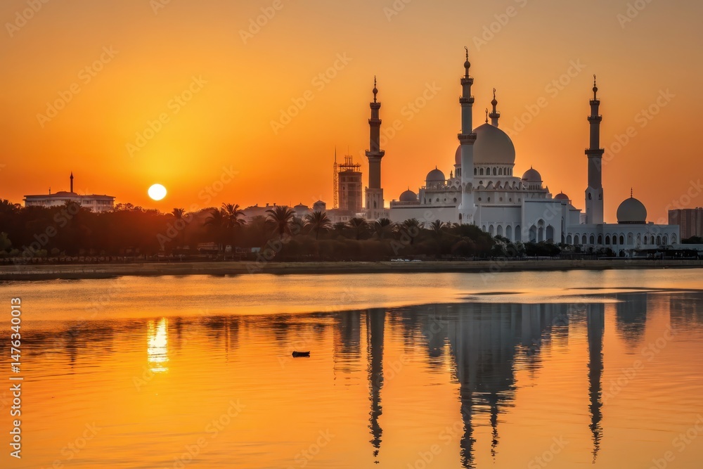 Fototapeta premium Breathtaking Sunset Glow Over Mosque Reflected in Calm Water