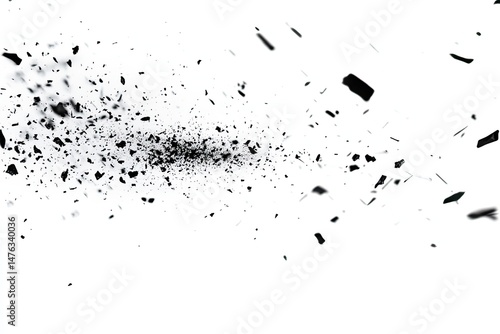 Abstract burst of dark fragments against white background.  Small, irregular shapes radiate outward from a central point
