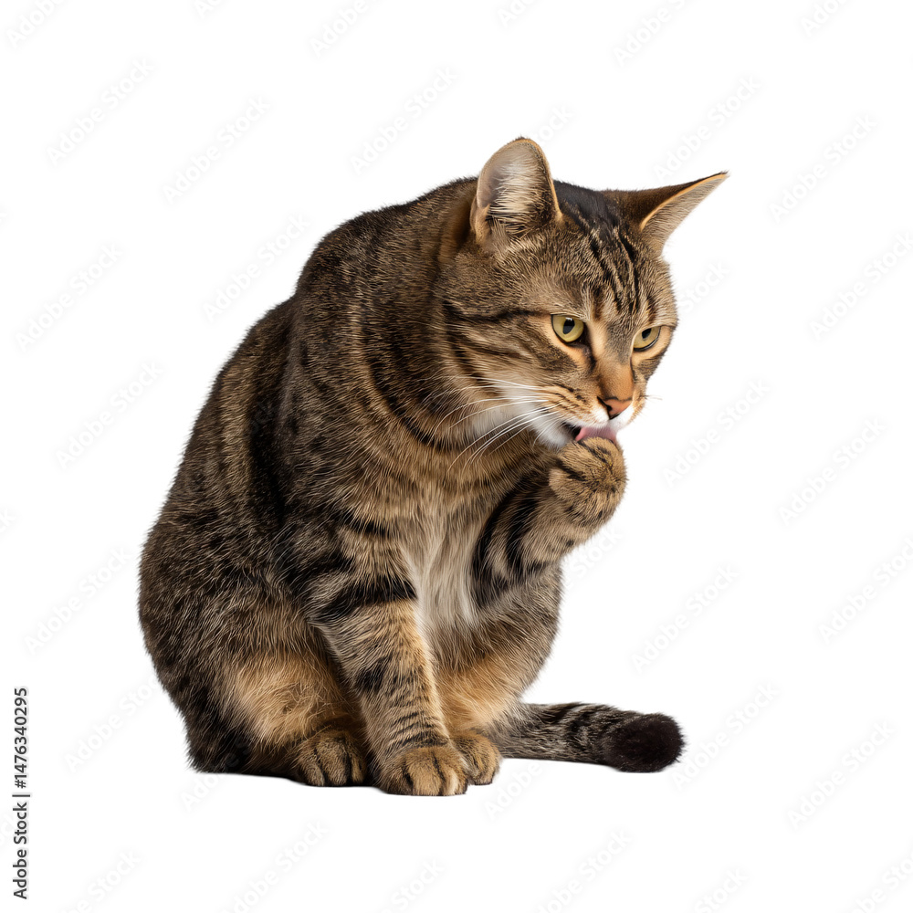 Obraz premium Elegant adult cat licking paw sitting pose isolated die cut